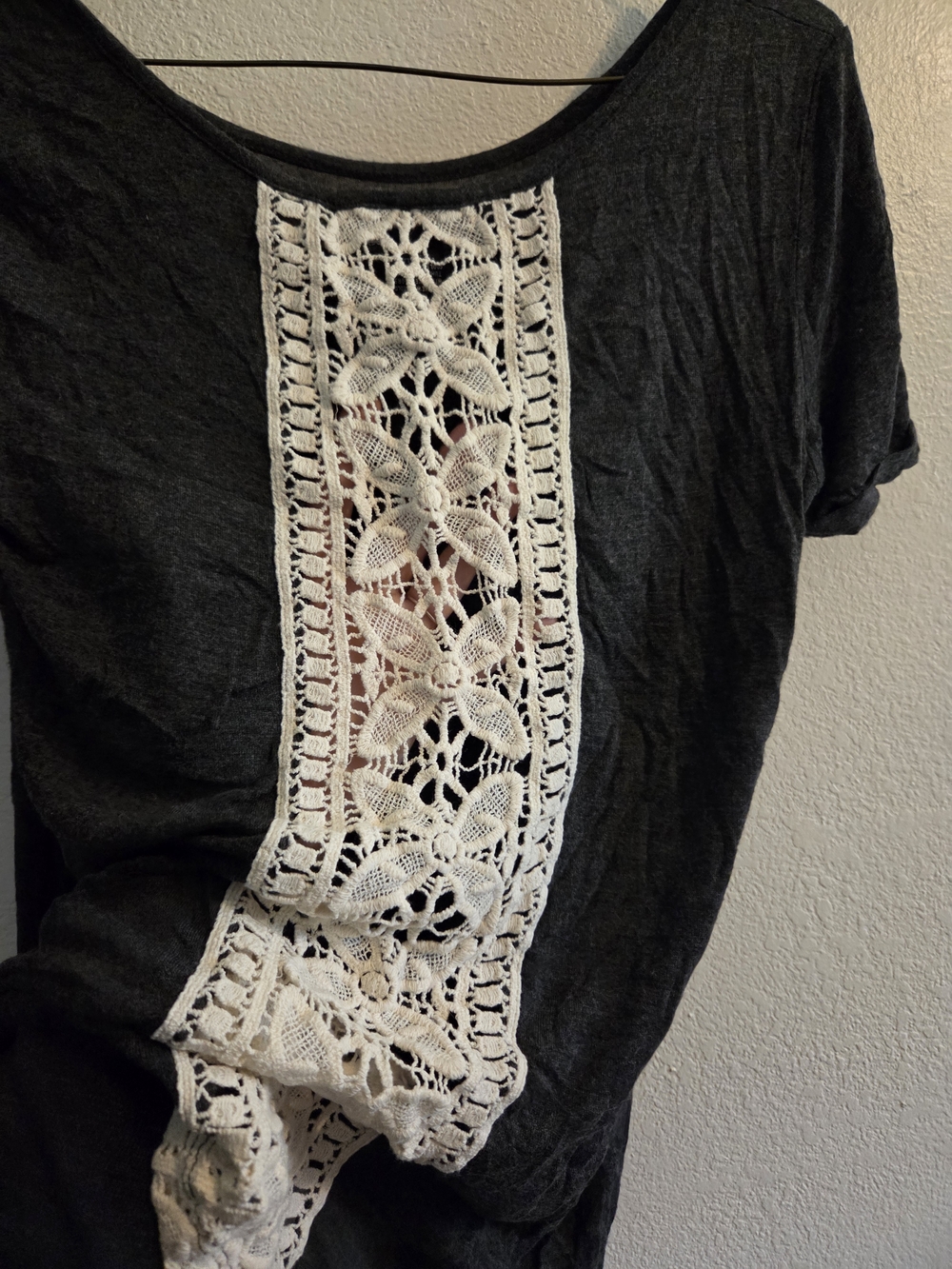American Dream Charcoal Short Sleeve Top with White Crochet Accents - Picture 3 of 6